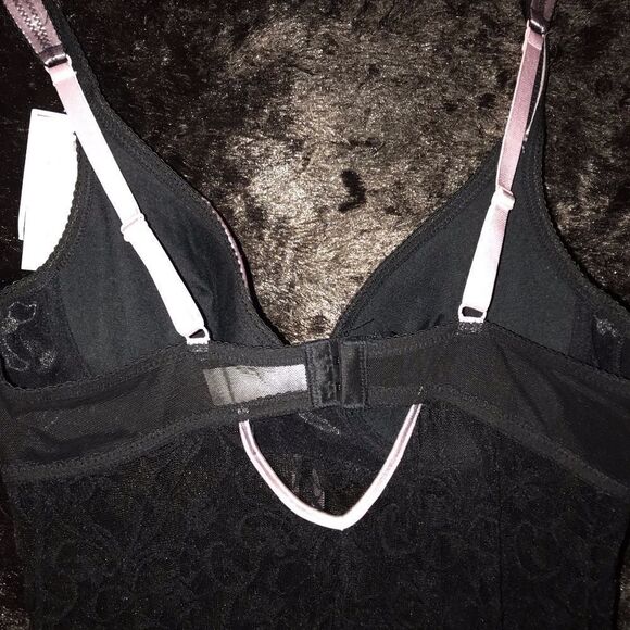 Pink Satin Trimmed Black Stretch Lace Slip NWT - Picture 7 of 7